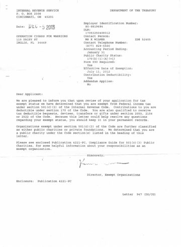 IRS 501(c)(3) determination letter for Operation: Cigars for Warriors, dated December 5, 2013.